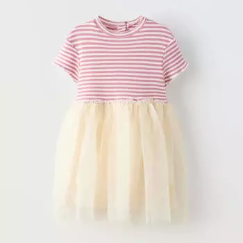 Платье Zara Summer Camp Contrast Striped Tulle, молочный/розовый