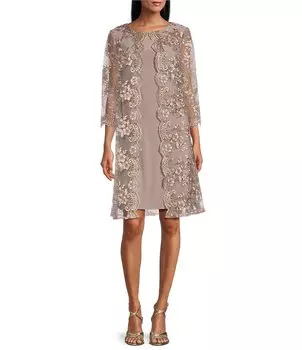 Платье-жакет Alex Evenings с рукавами 3/4 и овальным вырезом, отделкой фестонами и вышивкой, бежевый