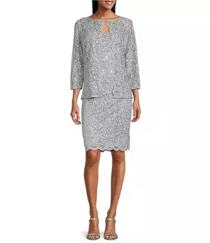 Платье-жакет из 2 предметов с блестящим кружевом и зубчатым краем Marina с рукавами 3/4, серебро