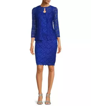 Платье-жакет из 2 предметов с блестящим кружевом и зубчатым краем Marina с рукавами 3/4, синий