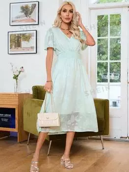 Платье жаккардовое Shein Priv с короткими рукавами и завязками на талии, зеленый