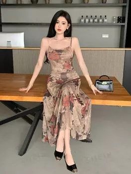 Платье Женское, цветочный принт, бретельки-спагетти Dazy, хаки