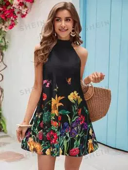 Платье женское летнее Shein Vcay с цветочным принтом, черный