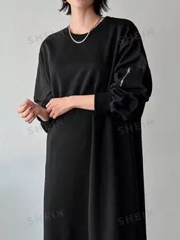 Платье Женское, Однотонное, круглый вырез, Длинное, с карманами, декорированное Friful, черный