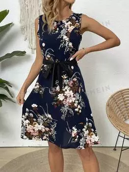Платье женское с цветочным принтом, темно-синий