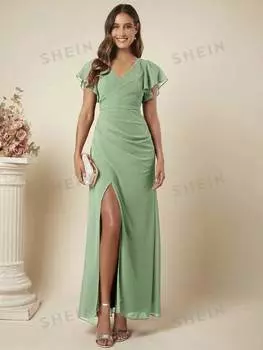 Платье женское Shein Belle с V-образным вырезом и листьями лотоса, мятно-зеленый