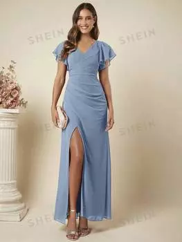 Платье женское Shein Belle с V-образным вырезом и листьями лотоса, синий