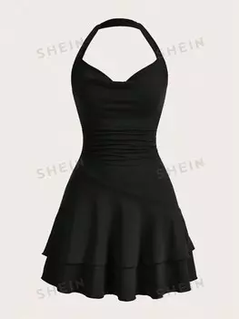 Платье женское Shein Mod с бретелькой на шее и многослойным подолом, черный