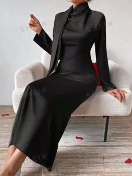 Платье женское Shein Priv с поясом и воротником-стойкой, черный