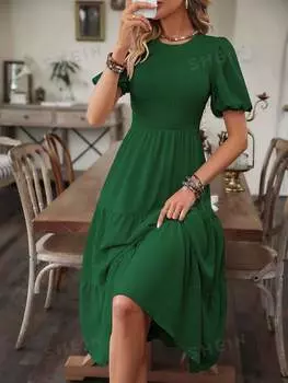 Платье женское Shein Vcay с пышными рукавами и запахом, темно-зеленый