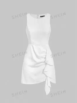Платье-жилет Shein Mod с бретелькой на шее и рюшами, белый