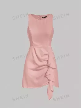 Платье-жилет Shein Mod с бретелькой на шее и рюшами, розовый