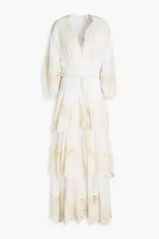 Платье Zimmermann Crocheted Lace-trimmed Tiered Ramie-gauze Maxi, белый/кремовый