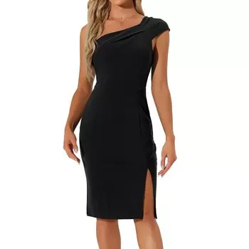 Платья без рукавов на одно плечо для женщин с короткими рукавами и разрезом подол модное облегающее платье-футляр ALLEGRA K, черный