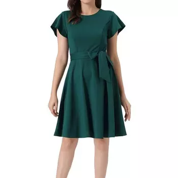 Платья с завязкой на талии для женщин, повседневное платье длиной до колен с круглым вырезом и рюшами с короткими рукавами ALLEGRA K, цвет Dark Green