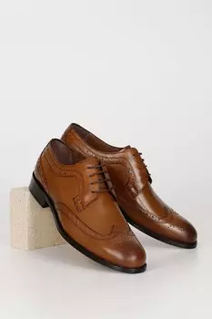 Платиновая повседневная мужская обувь из натуральной кожи с круглым носком и кожаной подошвой на шнуровке 01937 GNDER(R), тан-браун