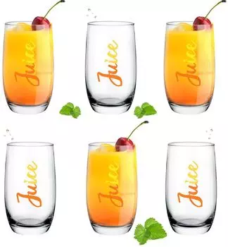 PLATINUX Высокие стаканы с принтом сока 320 мл (макс. 380 мл) Набор из 6 стеклянных стаканов для воды Стаканы для сока Стакан для напитков, прозрачный