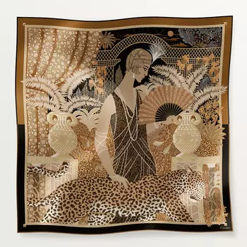 Платок Cartier Carr 90, femme la panthre, бежевый и карамельный шелковый твил