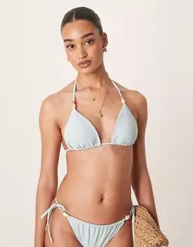 Плавательный треугольный бикини-топ Abercrombie & Fitch с отделкой бисером синего цвета