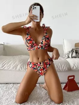 Плавающее бикини на одно плечо с цветочным принтом, летнее пляжное платье по всей длине Shein, мультиколор