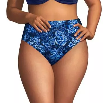 Плавки бикини больших размеров с высокой талией и швами Lands' End, цвет deep sea navy floral