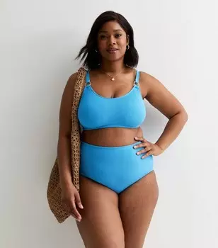 Плавки бикини ярко-синего цвета с жатой текстурой и высокой талией Curves New Look, ярко-синий