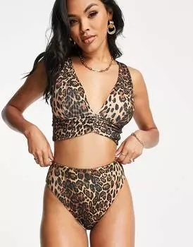 Плавки бикини с леопардовым принтом и высокой талией в рубчик ASOS DESIGN mix and match