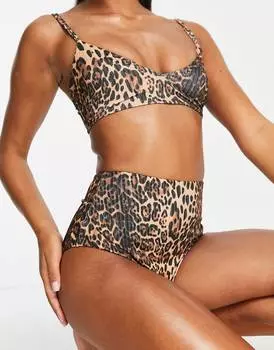Плавки бикини с завышенной талией и леопардовым принтом ASOS DESIGN