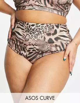 Плавки бикини с завышенной талией и леопардовым принтом ASOS DESIGN Curve Mix and Match