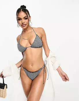 Плавки бикини в однотонную клетку с оборками и завязками по бокам ASOS DESIGN