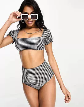 Плавки бикини в однотонную клетку с завышенной талией ASOS DESIGN