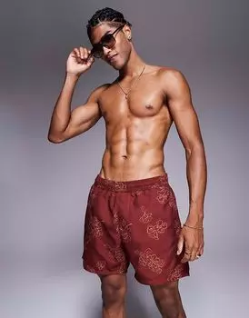 Плавки-шорты ASOS DESIGN средней длины с бордовым цветочным принтом