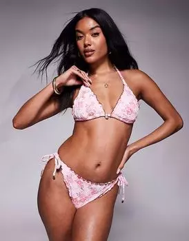 Плавки-слипы River Island с цветочным принтом и вышивкой, светло-розового цвета