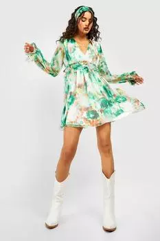 Плавущее платье с v-образным вырезом и принтом Boohoo, зеленый