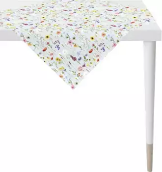 Плед APELT средний "6815 SPRINGTIME, весеннее украшение, весна", (1 штука), цифровая печать, с весенними цветами, как на разбросанной цветочной поляне 100х100 см, светло-голубой