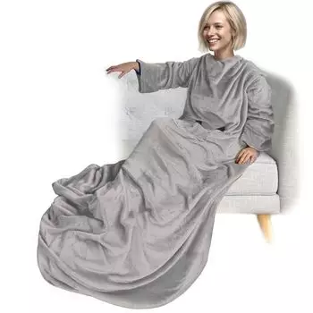 Плед с рукавами NYVI CozyWear Deluxe 170x200 см светло-серый - мягкий плед с рукавами, 2 нагрудных кармана, карман для ног - приятный плед для ТВ для взрослых и детей - 100, диванный плед для надевания