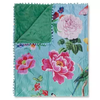 Плед Счастье с помпонами и цветами - 130х160 см - 100% поливелвет Muller Textil, бирюзовый
