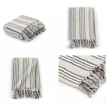 Плед vidaXL в хлопковую полоску 220x250 см, серый и белый - Пледы - Пледы - Одеяло - Одеяла