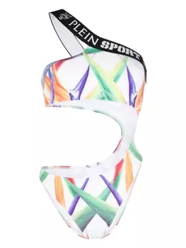 Plein Sport купальник на одно плечо с графичным принтом, белый