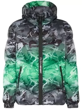 Plein Sport пуховик с камуфляжным узором и капюшоном, черный