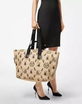 Плетеная большая сумка с монограммой Philipp Plein, бежевый