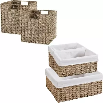 Плетеная корзина для хранения Vagusicc, корзина из морских водорослей со встроенными ручками, плетеная корзина для хранения вещей для организации вещей, 2 шт., 11 x 11 x 11 дюймов + 3 корзины для трусов, 5 шт.