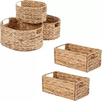 Плетеная корзина для хранения Vagusicc, корзина с водным гиацинтом со встроенными ручками, плетеная корзина для хранения вещей для хранения вещей, 2 шт. Маленькие корзины + 3 шт. Круглые корзины, 5 шт.