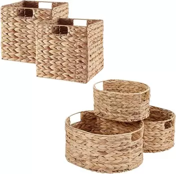 Плетеная корзина для хранения Vagusicc, корзина с водным гиацинтом со встроенными ручками, плетеная корзина для хранения вещей для хранения вещей, 2 упаковки 9 x 9 x 9 дюймов + 3 круглые корзины, 5 шт.
