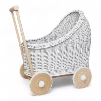 Плетеная кукольная коляска с белой толкачкой - дерево WikliBOX