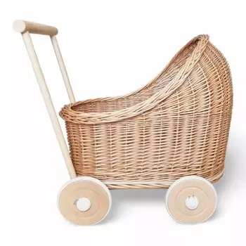 Плетеная кукольная коляска с натуральной толкачкой на деревянных колесах. WikliBOX