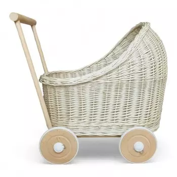 Плетеная кукольная коляска с толкачкой цвета экрю - дерево WikliBOX