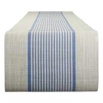 Плетеная настольная дорожка из ПВХ, 14 x 72 дюйма, французская синяя и бежевая полоса со средней полосой