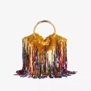 Плетеная сумка-ведро, украшенная пайетками Valentino Garavani, мультиколор
