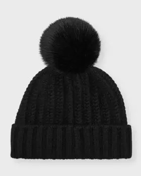 Плетеная вязаная кашемировая шапка с помпоном из искусственного меха Sofia Cashmere, цвет Solid Black